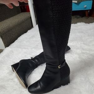 COLE HAAN~BLACK LEATHER TEXTURED BACK, ANKLE STRAP ZIP UP KNEE HIGH BOOTS!